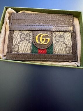 Gucci Ophidia Collection Card Case Double G Brown Leather Trim